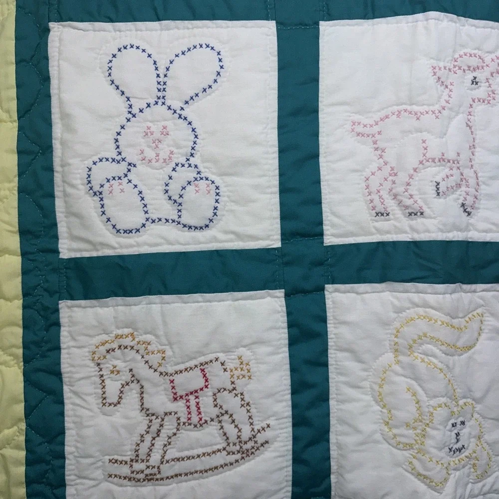 Vintage Cross Stitched Baby Quilt Completed 55X42